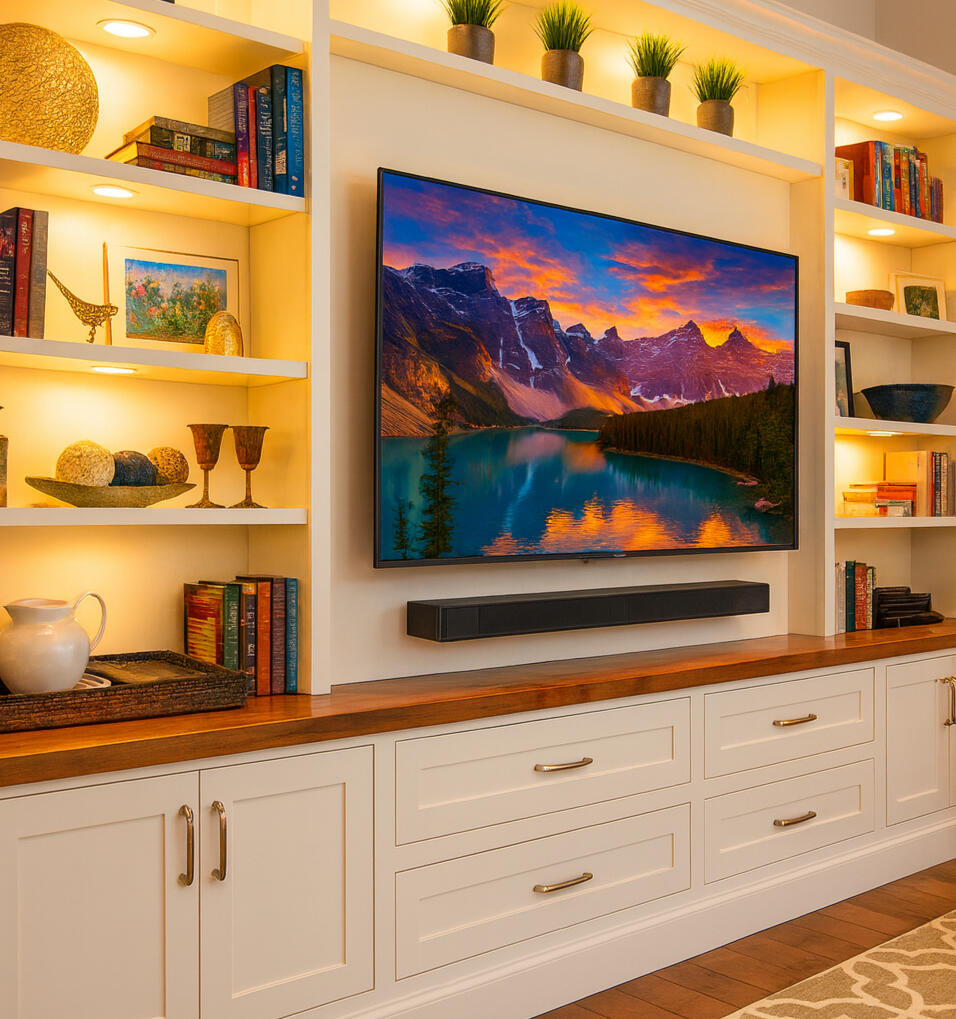 Custom TV media wall with wood slat panels and integrated LED lighting in a San Francisco home