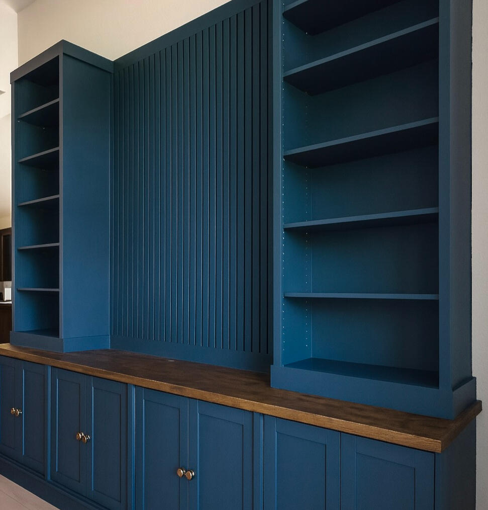 Custom built-in cabinets and floating shelves in a modern Bay Area home