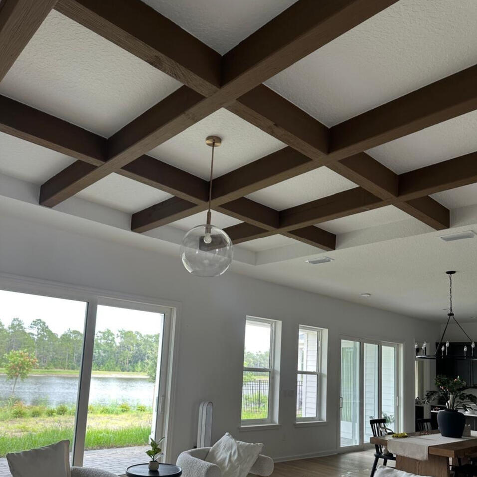 Decorative wood beam ceiling in a contemporary Bay Area home