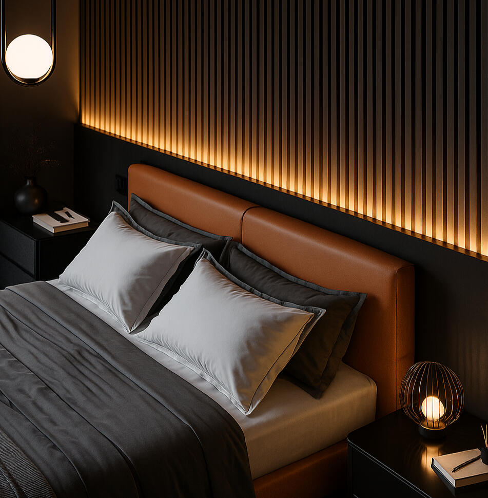 Modern wood slat accent wall in a San Francisco bedroom
